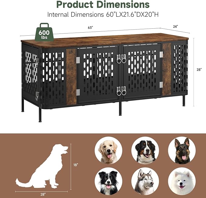 ONBRILL 63” Dog Crate Furniture for 1 or 2 Dogs,Large Double Dog Cage with Removable Divider,Heavy Duty Wooden Dog Crate As TV Stand with Steel Frame,Brown
