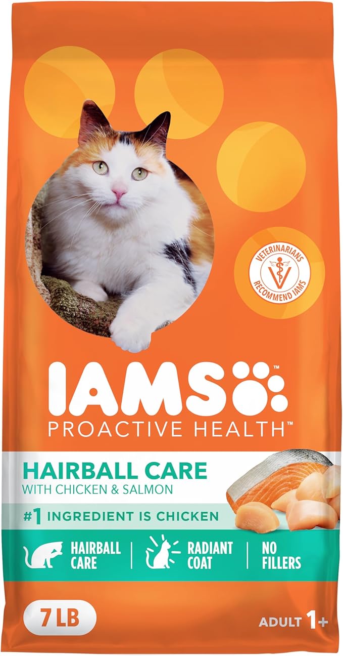 IAMS Proactive Health Dry Cat Food Hairball Care, Adult Cat Food, with Real Chicken and Salmon, 7 lb. Bag