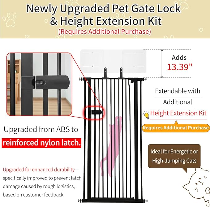 Lumizone Extra Tall Cat Gate 61.02" High Pressure Mounted Extra Wide 2025 New (17 Sizes) 1.37" Gap No Drilling Auto-Close One-Handed Operation Tall Pet Gate for Dogs(Black, 61.02" H x 55.12"-59.44" W)