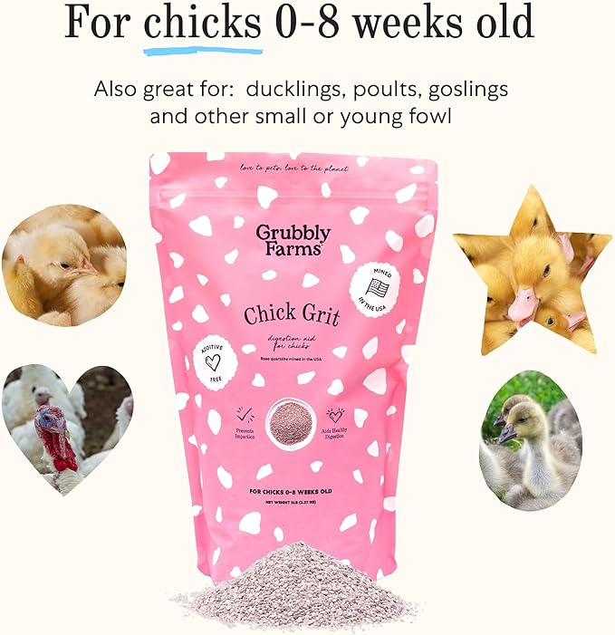 Grubbly Farms Chick Grit for Baby Chicks 0-8 Weeks - Rose Quartz - USA-Mined Digestive Aid Prevents Crop Impaction - 5 lb Bag