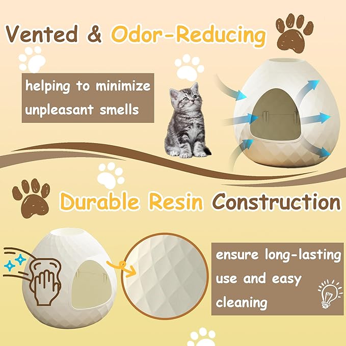 VIXZEN Cat Litter Box Enclosure - Hidden Litter Box with Removable Planter Top, Egg-Shaped Resin Design, Tool-Free Quick Assembly, Spacious Interior, Ideal for Indoor Use (White)