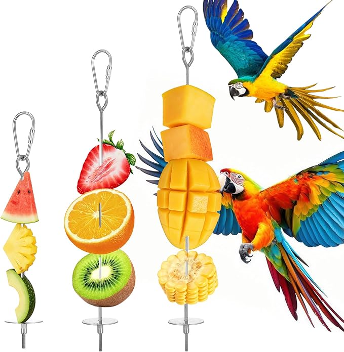 3Pcs Bird Cage Food Holder, 3 Sizes Stainless Steel Parrot Fruit Stick Feeder Fruit Vegetable Treats Skewer Bird Cage Feeder Foraging Toy for Parakeet Budgie Macaw