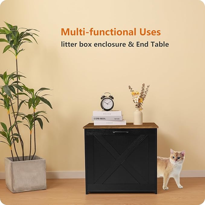 Dwanton Cat Litter Box Furniture Hidden, Cat Litter Box Enclosure, Reversible Entrance Can Be on Left or Right Side, Indoor Cabinet, Wooden Washroom, Nightstand, Black and Warm Brown, 23.6" L