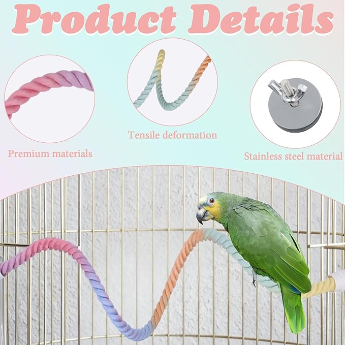 3 Pieces 79''/2 M Bendable Bird Rope Perch Stand, Colorful Climbing Rope Perches for Bird Cages Swing Pole Parrot Parakeet Cockatiel Lovebird Budgie Accessories 1 Short & 2 Long