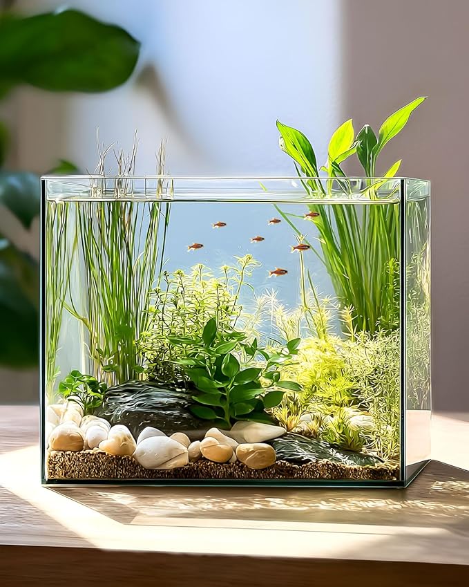 3.5 Gallon Clear Glass Fish Tank, Aquarium Fish Bowl Ultra Clear Rimless Design for Betta Goldfish Snails Shrimp Aquatic Planting