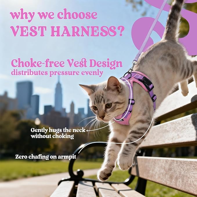 rabbitgoo Cat Harness and Leash for Walking, Escape Proof Soft Adjustable Vest Harnesses for Cats, Easy Control Breathable Reflective Strips Jacket, Pink & Purple, S