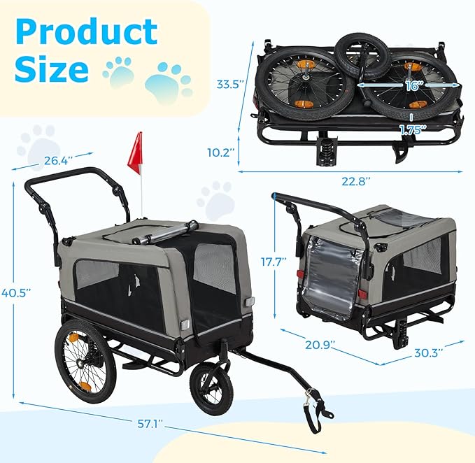 Foldable Pet Bike Trailer for Dogs up to 88 lbs – Universal Hitch Bicycle Carrier with Shock‑Absorbing Tires, Mesh Ventilation & Quick‑Release Wheels (55″/57″)
