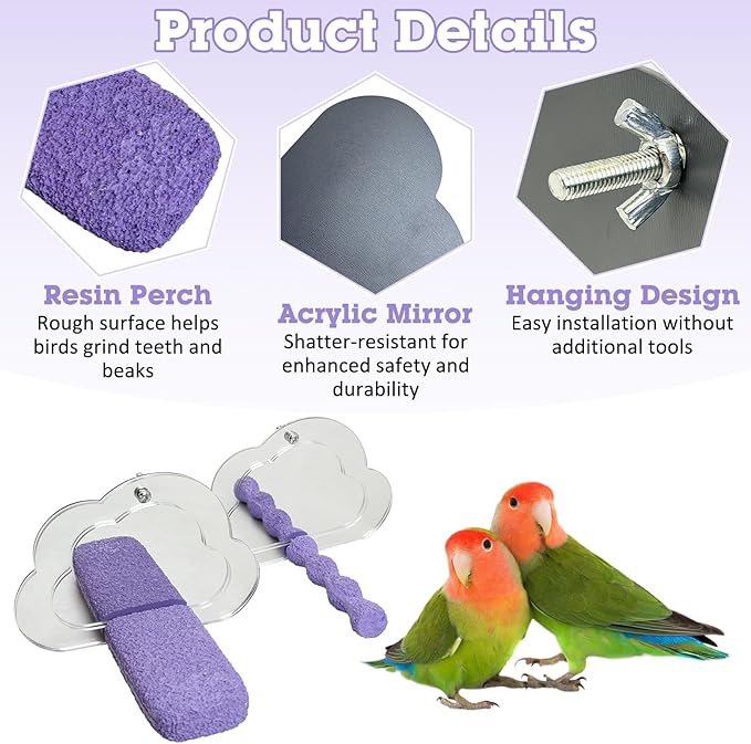 PINVNBY 2 PCS Bird Mirror with Perch Resin Parakeet Perches Hanging Parrot Toys Interactive Bird Cage Accessories for Cockatiel Conure Lovebird Finch (Purple)
