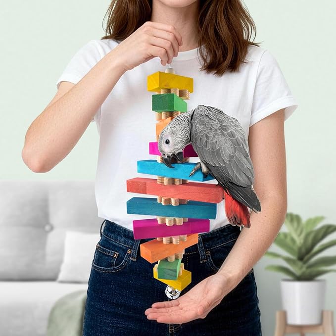 Large Bird Toys for Parrot, 2 Pcs Colorful Natural Wood Block Chew Tearing Toy with Bell for Macaws, African Greys, Amazon Parrots, Eclectus, Cockatoo