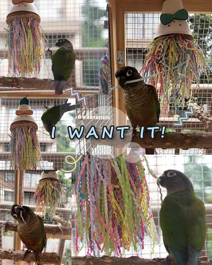 Bird Toys, Vibrant Shredding Parrot Toys | Bird Cage Accessories with Wooden Topper, Colorful Paper Strips