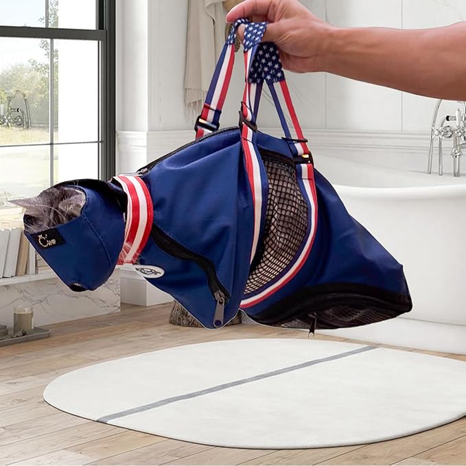 Cinf Cat Nail Clipping Cleaning Grooming Restraint Bag （Free Muzzle） No Scratching Biting for Bathing Nail Trimming Injecting Examining((Blue USA Flag,M)