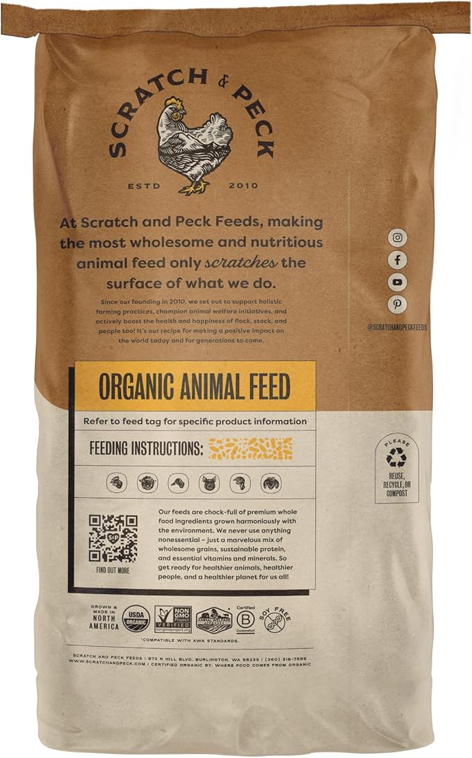 Scratch and Peck Feeds 3 Grain Scratch Chicken and Duck Supplemental Grain - Corn-Free and Soy-Free - 9.8% Protein, Certified Organic and Non-GMO Project Verified Chicken Food - 50 lbs Bag
