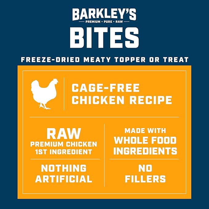 Barkley’s Bag Chicken Bites, Freeze Dried Dog Treats and Food Topper, Protein Packed, Made with Chicken and Brown Rice, Small Bite-Sized Pieces for Training Rewards, American Made Dog Snacks, 4 Oz Bag
