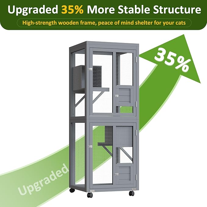 64.7 Inch Catio Outdoor Cat Enclosure, Large Cat House for Outdoor Cats with Enhanced Security Structure, Outside Cat Patio Cattery Weatherproof for Multiple Indoor Outdoor Cats, Grey
