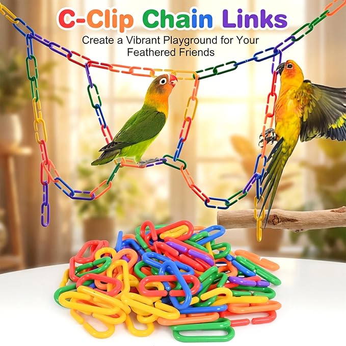 Sukh 250pcs Plastic C Clips Hooks Chain Links - Interchangeable Rainbow C-Links for Pet Parrot Parakeets Rat Sugar Glider Small Bird Cage Toys, Children Learning Supplies.