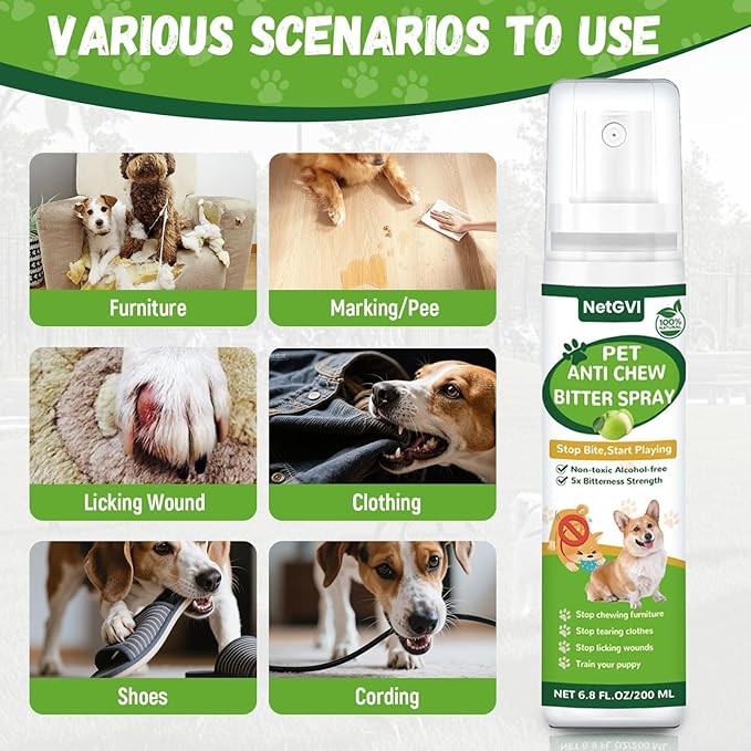 No Chew Spray for Dogs, Bitter Apple Spray for Dogs Cats Anti Chewing Licking from Furniture, Bandages, Dog Training & Behavior Aids Spray, Indoor & Outdoor Use, 200ML 1Pack