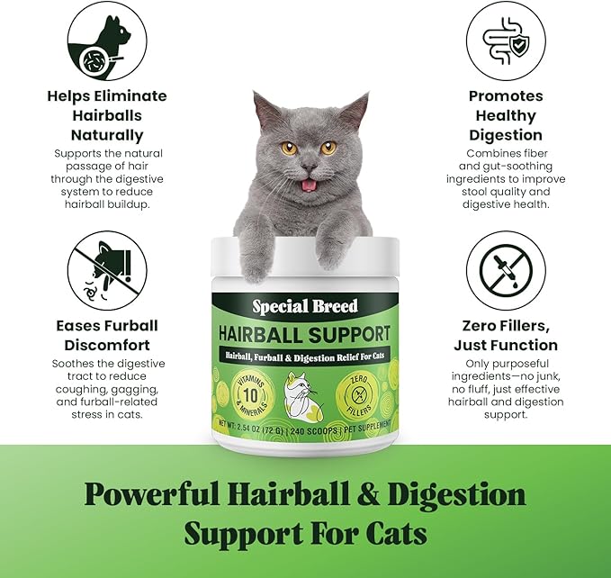 Hairball Support for Cats - 10 Super Ingredients for Furball Treatment Relief, Hairball Remedy, Digestive Support & Healthy Skin - No Fillers - Psyllium, Pumpkin, Omega-3s & More - 240 Scoops