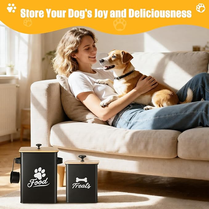 Dog Treat Container Set of 2, Dog Food Storage Containers with Airtight Lids, Metal dog treat jars for Kitchen Countertop, Pet Cookie Canister to Keep Treats Fresh, 9.4''×7.1''×9.6", Black