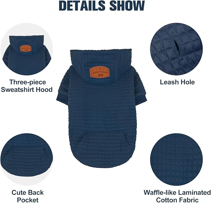 BEAUTYZOO Medium Dog Hoodie Sweater with Pockets, Dog Clothes for Small Medium Dogs Boy Girl, Waffle-Like Laminated Cotton Pet Coats with Hat and Leash Hole, Navy Blue XL