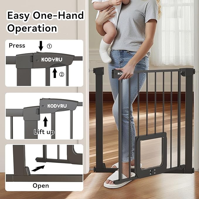 30 Inch Tall Dog Gate with Cat Door, Adjustable Width (29.7-57 Inches) for Doorways, Hallways & Stairs, Pressure-Mounted Walk-Through Dog Gate with Auto-Close & Double Lock Safety（Black）