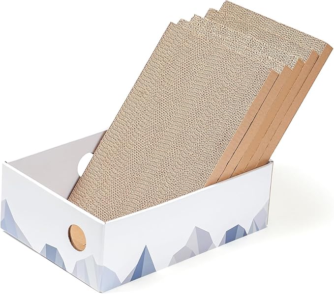Cat Scratcher Box with Heavy-Duty Double-Sided Cardboard Pad, Cardboard Lounger, Interactive Hole Design, Cat Bed for Indoor Cats, White, Medium - 5 Pack