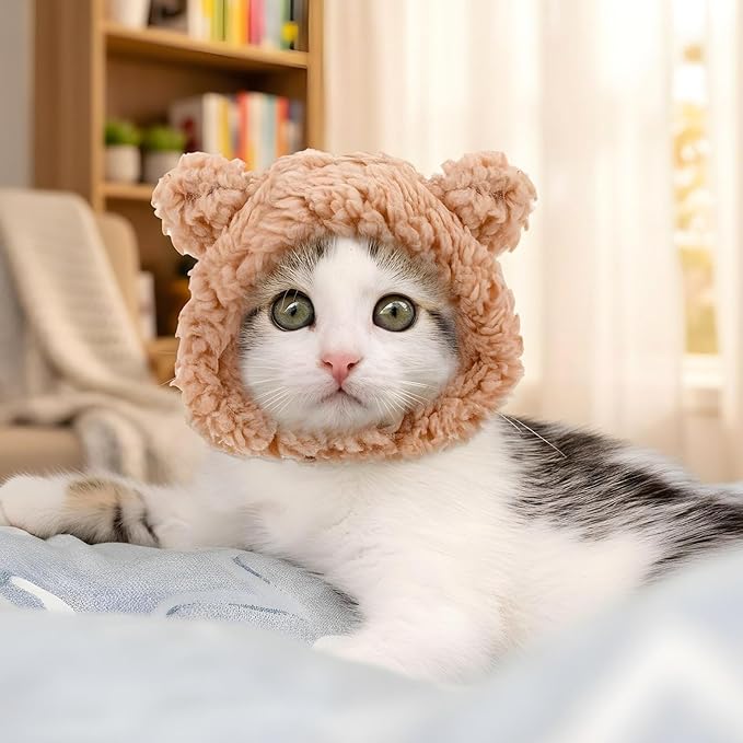 Cute Cat Costume Bear Hat, Adjustable Warm Winter Accessory Soft Plush Pet Headwear for Cats and Small Dogs, Soft Small Pet Headwear for Photoshoots and Parties