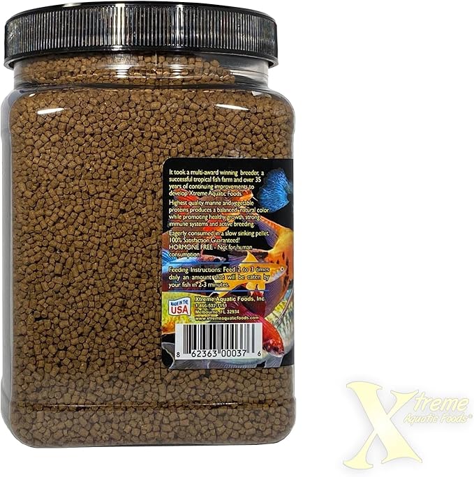 Xtreme Community Peewee 1.5mm Pellets: Slow Sinking & Ideal for Community Fish - Boosts Immune & Digestive Health, Enhances Color & Energy, Max Protein Fish Food – USA Farm Grown (20oz)