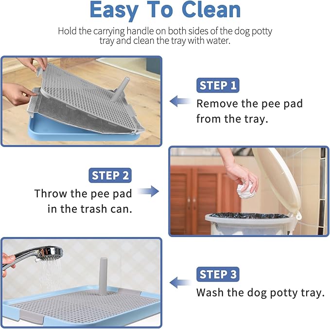 CUHIOY Dog Potty Tray Toilet 20"x14" - Indoor Pee Pad Holder with 8pcs Training Pads, Puppy Mesh Potty with Secure Latch for Small Medium Puppies - Blue