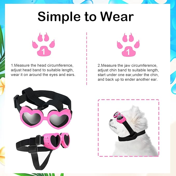 Small Breed Dog Sunglasses, UV Protection with Adjustable Strap, Heart-Shaped Goggles for Waterproof, Windproof, Anti-Fog Eye Protection, Beach Accessories (Pink)