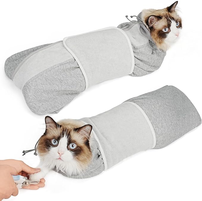 Supet Cat Grooming Wrap for Cutting Nails, Self-Adhesive Anti-Scratch Swaddle with Bite-Proof Mesh Hood & Thick Waist Strap Anti-Escape Bag for Nail Trimming, Medication, Ear Cleaning (Grey L)