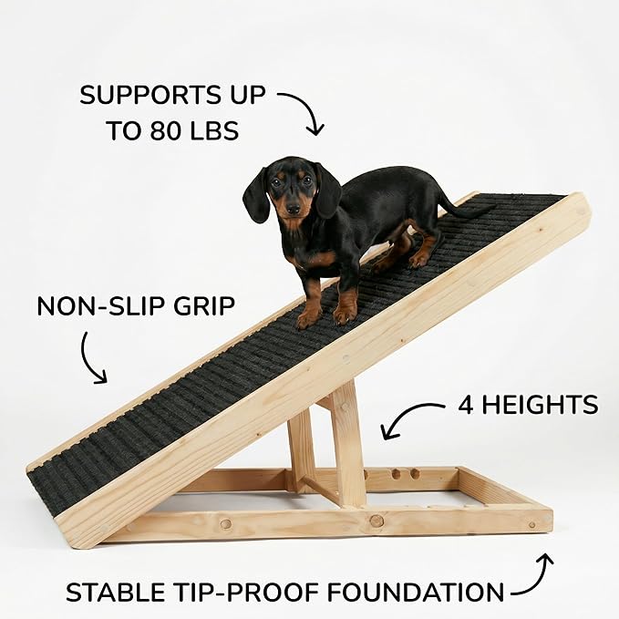 AlphaPaw - Original Natural Wood PawRamp for Small & Large Dogs - No Assembly Required - Adjustable Height Pet Ramp for Bed, Couch, Stairs (Dark Brown)