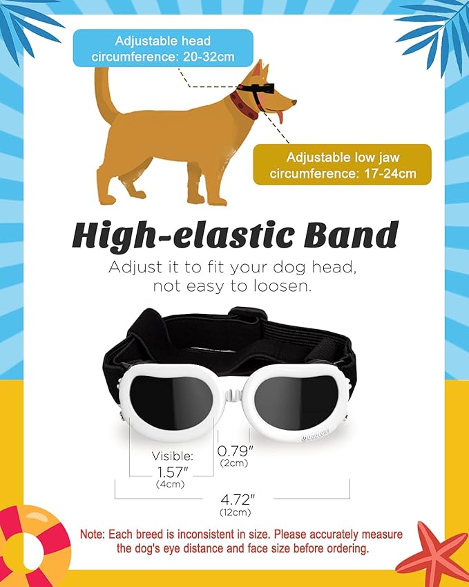 Lewondr Small Breed Dog Goggles - UV Protection Sunglasses with Adjustable Strap, Windproof, Anti-Fog for Small Dogs, White