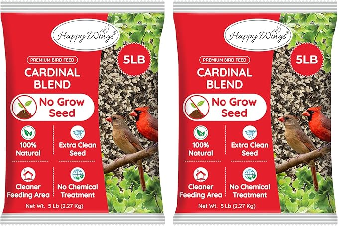 Happy Wings Cardinal Blend Bird Food, Mix of Sunflower and Safflower Seed, 10 Pounds - 5 Pounds Combo Pack of 2 | No Grow Seed | Bird Food for Wild Birds