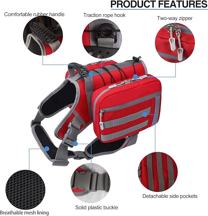 BYGD Dog Backpack for Medium to Large Dogs, Saddle Bag for Dogs to Wear for Hiking, Backpack Harness with Side Pockets for Hiking, Walking, Training, Running (L XL Red).