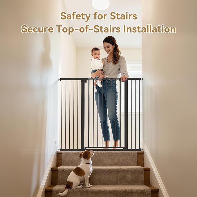 43 inch Tall Safety Dog Gate Adjustable 29.7-57 inch Extra-Wide Metal Pet Gate Drill-Free Pressure-Mount Installation kit Self-Closing Cat Gate for Stairwells、Doorways（Black）