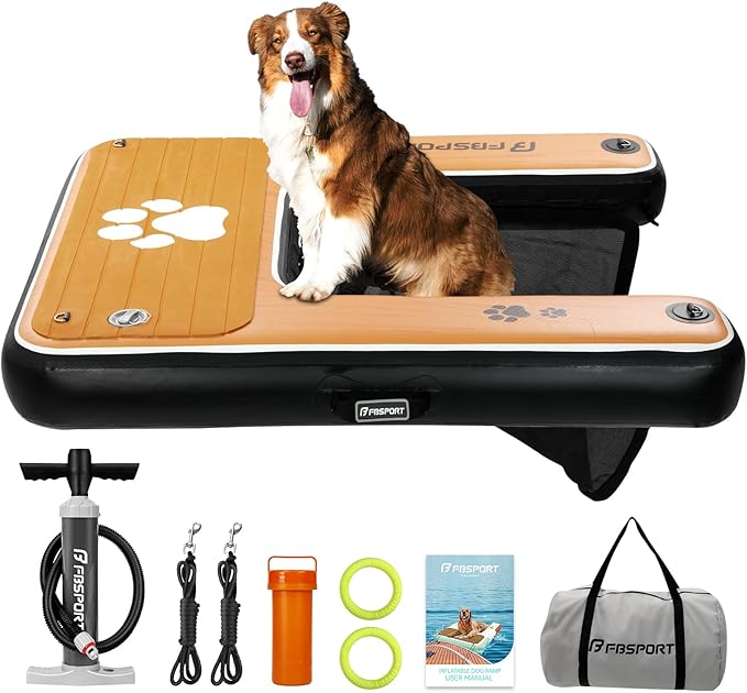 FBSPORT Inflatable Dog Boat Ramp Floating Dock Water Ladder for Pool, Boat, Non-Slip EVA Floating Ladder Pool Ramp for Dog Up to 220 LBs, Safe & Easy Access