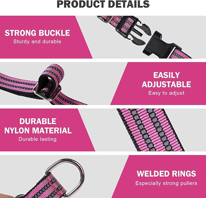 Hikiko Martingale Dog Collars Reflective Nylon Dog Collar with Quick Release Buckle Adjustable Training No Slip Dog Collar (Large, Pink)