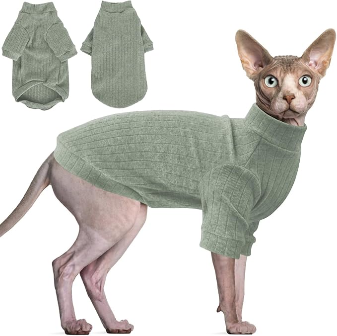 Idepet Sphynx Hairless Cats Sweater Shirt Kitten Soft Puppy Clothes Pullover Cute Cat Pajamas Jumpsuit Cotton Apparel Pet Winter Turtleneck for Cats and Teacup Chihuahua Small Dogs(Green,XL)