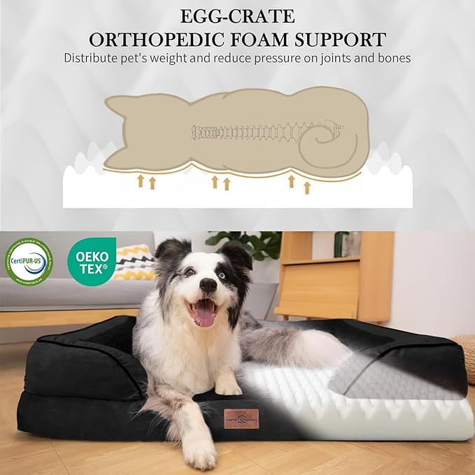 Comfort Expression Orthopedic Dog Bed for Large Dogs 35x22 Inch, Waterproof Egg Crate Foam Large Pet Bed with Removable Bolsters, Dog Couch with Washable Cover & Non-Slip Bottom, Black