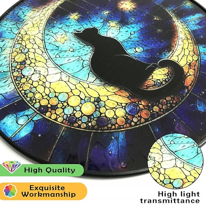 Midnight Black Cat on Moon Stained Glass Suncatcher - Celestial Window Hanging Decor for Feline Lovers, Heartfelt Pet Loss Memorial Gift, Unique Sympathy Decor for Grieving Cat Owners