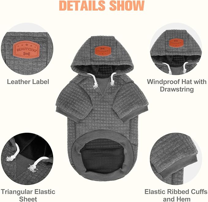 BEAUTYZOO Small Dog Hoodie Sweater with Pockets, Dog Clothes for Small Medium Dogs Boy Girl, Waffle-Like Laminated Cotton Pet Coats with Hat and Leash Hole, Dark Grey M