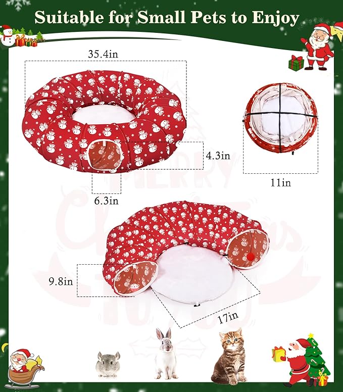 Pawaboo Cat Tunnel Bed Under Christmas Tree, 35.4'' Christmas Cat Toy Circle Tunnel with Ball, Cats Tunnels Christmass Tree Skirt Decorative Festive Foldable Kitty Tube Tunnels for Cats(Red Snowman)