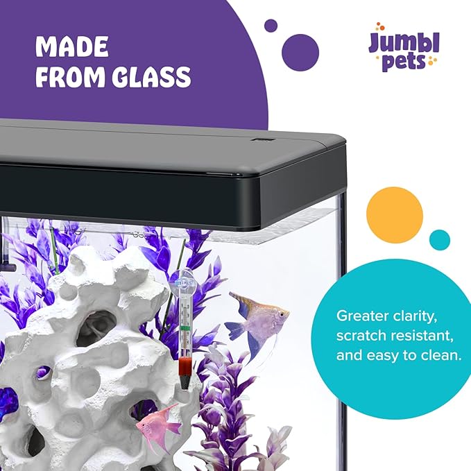 JumblPets Premium Fish Aquarium Kit, Complete Glass Fish Tanks Set with LED, Filtration System & Set, Hood & Lid, Bubbler Kit, Heater, Thermometer & Net, Ideal for Freshwater/Marine Fish, 7 Gallon