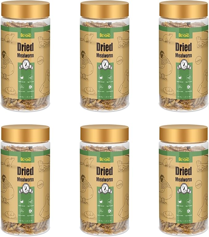 BeyondFeed™Small Bottle Dried Mealworms & Black Soldier Fly Larvae High-Protein Feed for Chickens, Ducks, Birds, Reptiles, Fish, Hamster, Turtles (6 (1.23 oz/35 g) Bottles Bundle, Dried Mealworm)