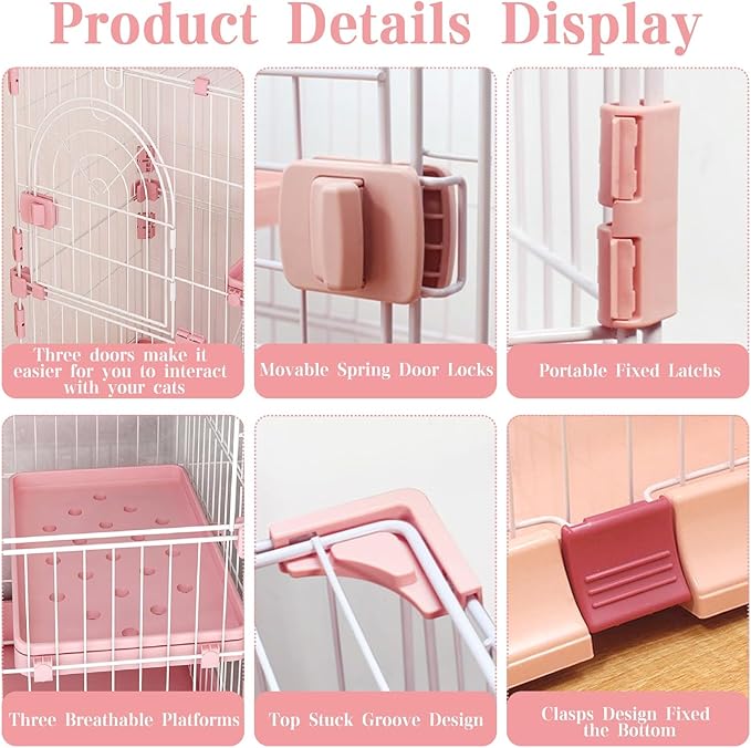 Hamiledyi 4-Tier Cat Cage Indoor Large Cat Enclosure with 1 Ramp Ladders 3 Platforms 3 Doors Metal Cat Playpen Outdoor Kitten Cage for 1-3 Small and Medium Pets (Pink)