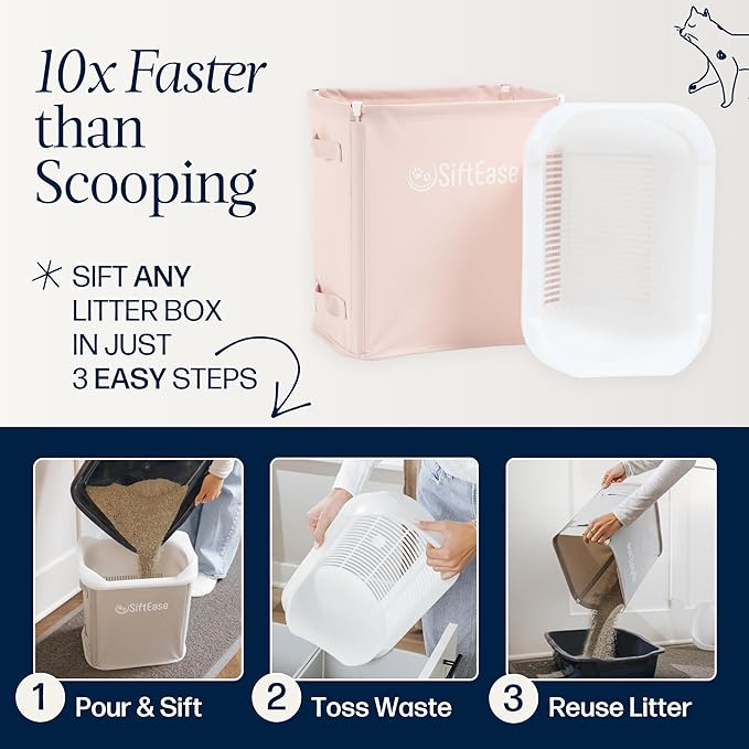 Cat Litter Sifter - SiftEase Sifting Litter Box Cleaner, Large Litter Box Sifter with Bin for Fast & Easy Scoop Free Cleaning and Longer Lasting Litter (2 Pack Pink)