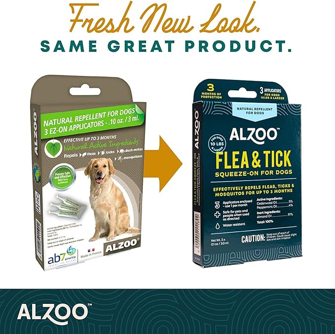 ALZOO Natural Flea & Tick Squeeze-On for Dogs, Helps Repel Fleas, Ticks & Mosquitos, Up to 3-Months Protection, Plant-Based Active Ingredients, Water-Resistant, 3 EZ-On Applicators Per Pack