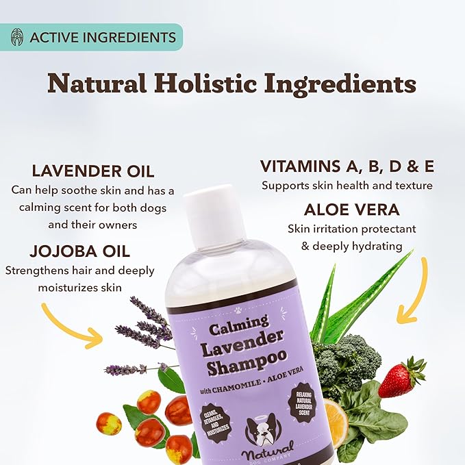 Natural Dog Company Calming Lavender Shampoo – Hypoallergenic, Sulfate & Paraben Free – Aloe Vera & Chamomile Soothing Wash for Sensitive, Stressed & Itchy Dogs – All Breeds & Ages – 12 oz