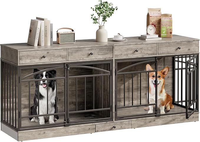 GAOMON Dog Crate Furniture for 2 Dogs, 78.7'' Large Dog Kennel Indoor with 4 Storage Drawers and Feeding Bowls, Double Dog Crate TV Stand for Small and Medium Dogs, Gray