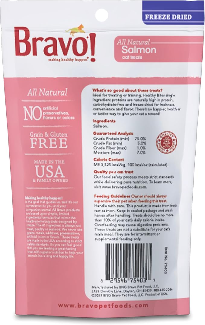 Bravo! Healthy Bites Single Ingredient Freeze Dried Raw Cat Treats, Salmon, 1 Ounce, High Protein, Grain Free, Gluten Free